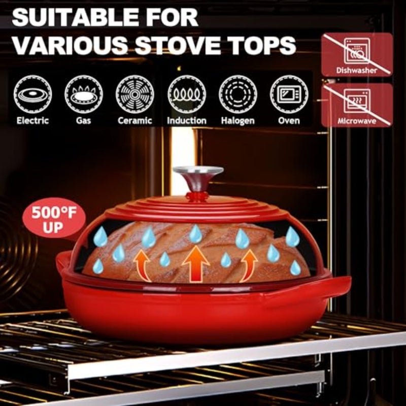 Enameled Cast Iron Dutch Oven with Lid for sourdough bread baking, red, enameled cast iron, self-basting dome lid low-profile base, heavy-duty nonstick - Image 5