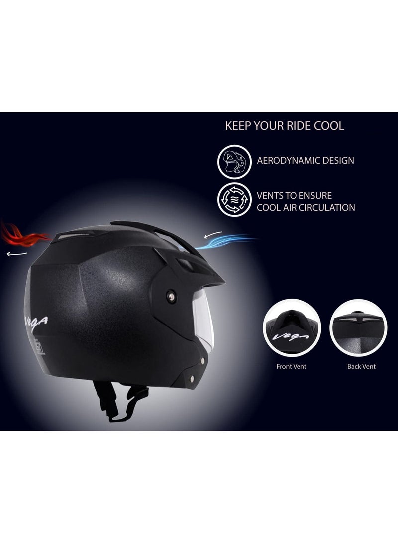 Vega Open Face Motorcycle Helmet ISI Certified ABS Safety Helmet with Clear UV Resistant Scratch Resistant Visor Quick Release Buckle Lightweight Scooter Bike Riding Helmet Black Large - Image 1