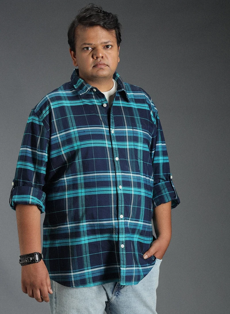 هاي ستار قميص رجالي كلاسيكي كاروهات باللون الكحلي من القطن 100%