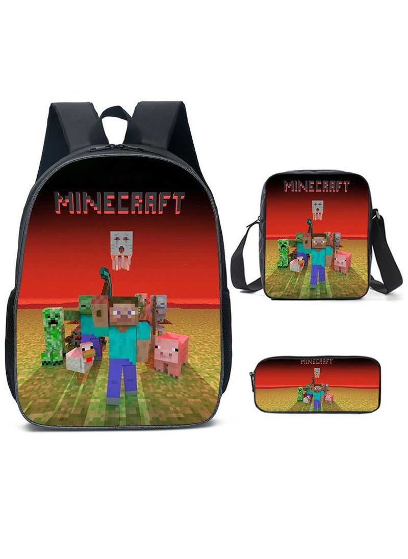 MINECRAFT Digital Printing Large Capacity Backpack Three piece Set Lunch Bag Pen Bag Polyester Comfortable Load Reducing Backpack for Students and Children Unisex  - Image 1
