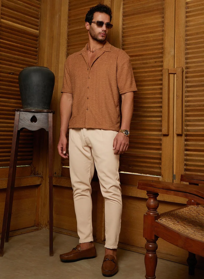 Campus Sutra Campus Sutra Men's Tan Brown Tactile-Resort Oversized Shirt For Casual Wear | Cuban Collar | Short Regular Sleeves | Button Closure | Oversized Shirt Crafted With Comfort Fit For Everyday Wear