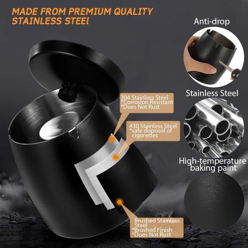 Smokeless Ashtray: Black Stainless Steel Covered Windproof Anti-Slip Odorless - Heavy-Duty No Deformation Tabletop Ashtray for Outdoor Patio Office Home Use - Image 3