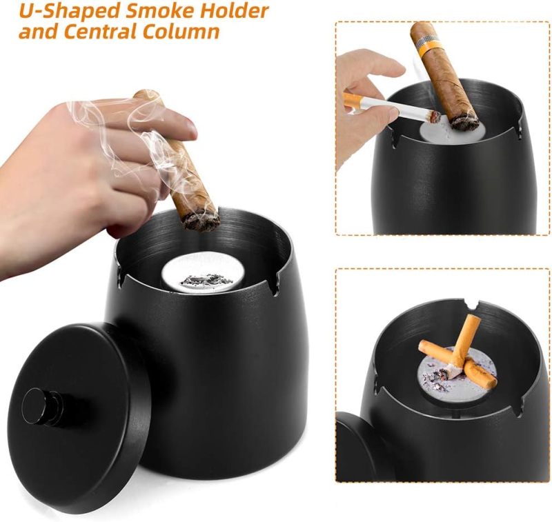 Smokeless Ashtray: Black Stainless Steel Covered Windproof Anti-Slip Odorless - Heavy-Duty No Deformation Tabletop Ashtray for Outdoor Patio Office Home Use - Image 4