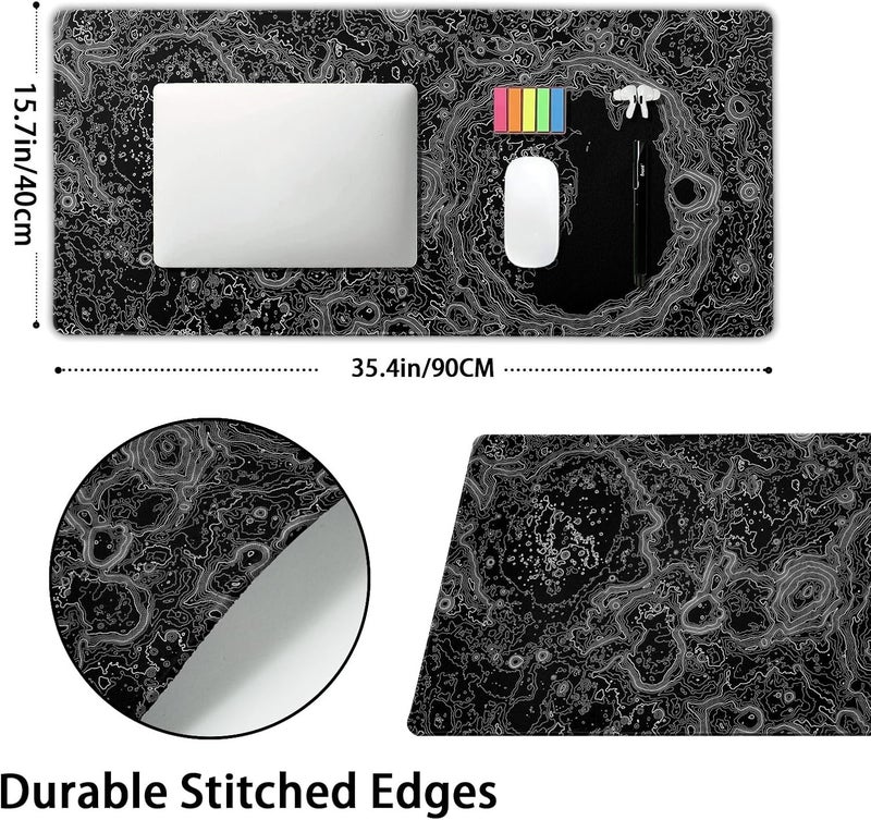 aportt Black Whtie Topographic Gaming Mouse Pad XXL Topo Moon Relief Map Extended Large Mat Mousepad Desk Pad Non-Slip Rubber Base Stitched Edge Long Mousepad for Desktop Office Desk, 35.4 x 15.7 in - Image 2