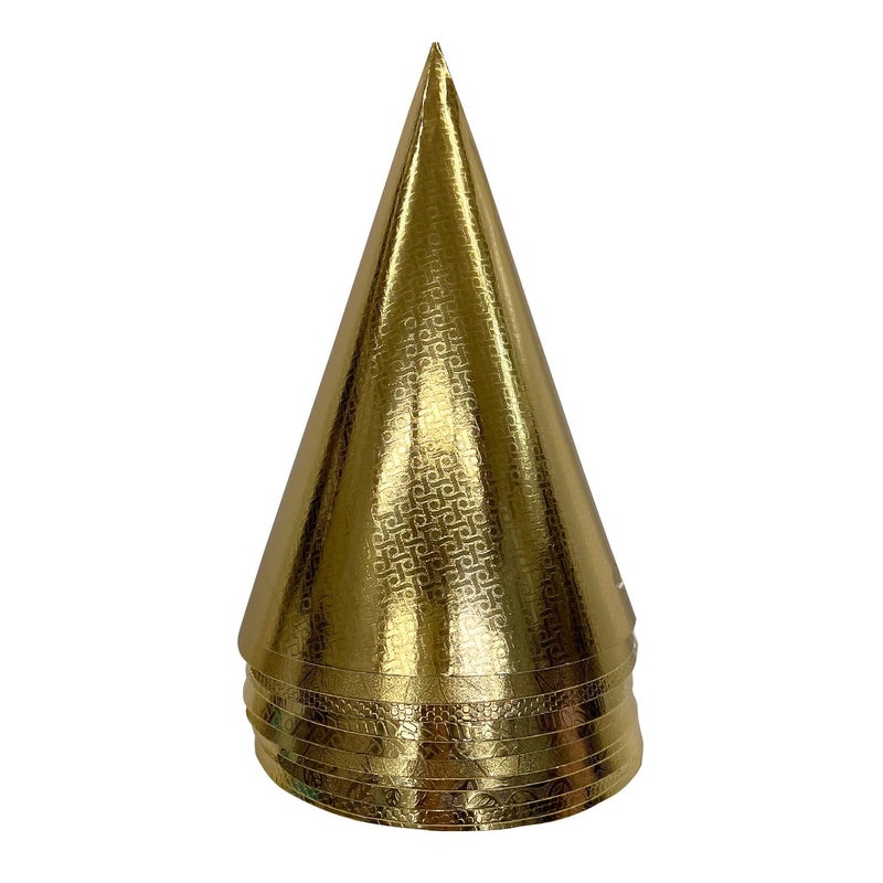 TRIACE Party Hats Pack of 10. Decorative Gold Textured Foil Designs in 5 Different Patterns. PRE ASSEMBLED. Perfect for Birthday Parties. - Image 1
