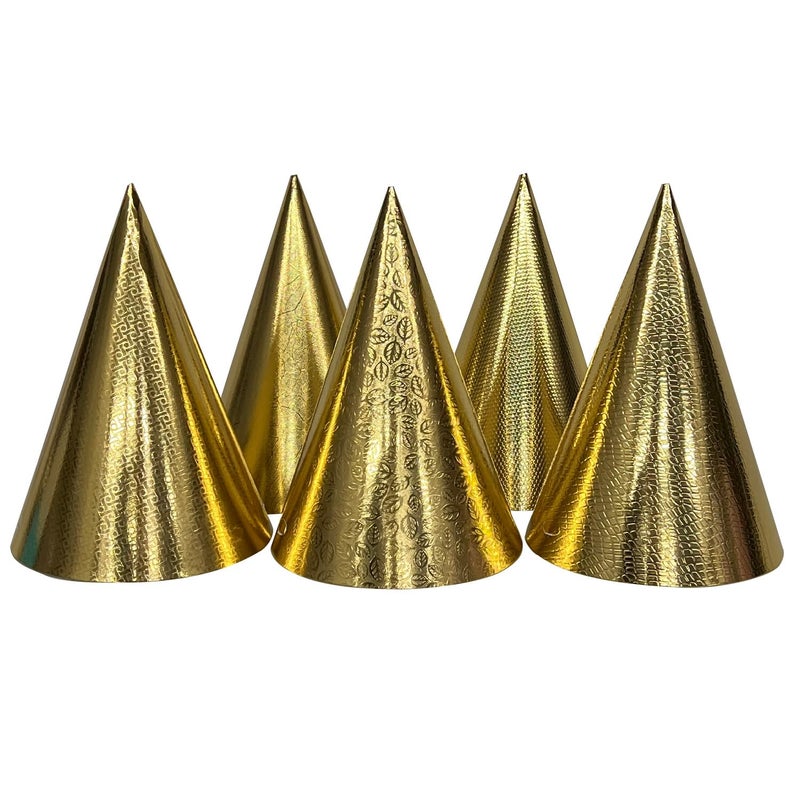 TRIACE Party Hats Pack of 10. Decorative Gold Textured Foil Designs in 5 Different Patterns. PRE ASSEMBLED. Perfect for Birthday Parties. - Image 2