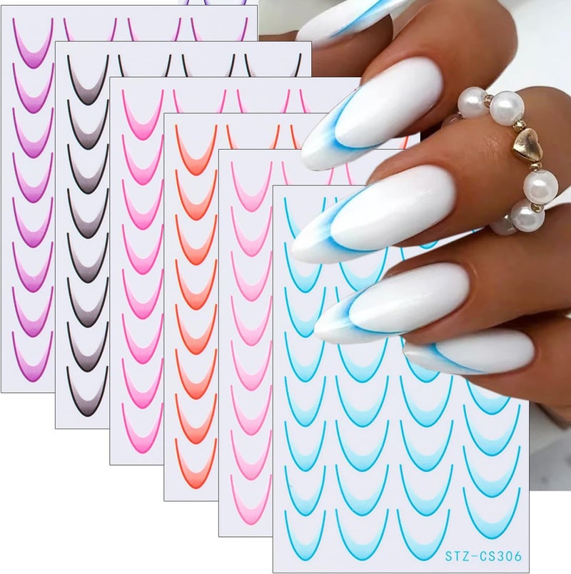 Gradient Colorful French Line Nail Art Stickers 3D Self-Adhesive Nail Tips Guides Stripe Curved Lines Nail Art Designs Transfer Decals French Tips Nail Stickers for Nail Art DIY Stencil Tools 6Pcs