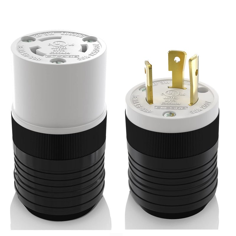 ELEGRP NEMA L630P NEMA L630R Locking Plug and Connector Set Generator Twist Lock Plug Socket 30 Amp 250V 2 Pole 3 Wire Grounding Industrial Grade Heavy Duty UL Listed 1 Set BlackWhite