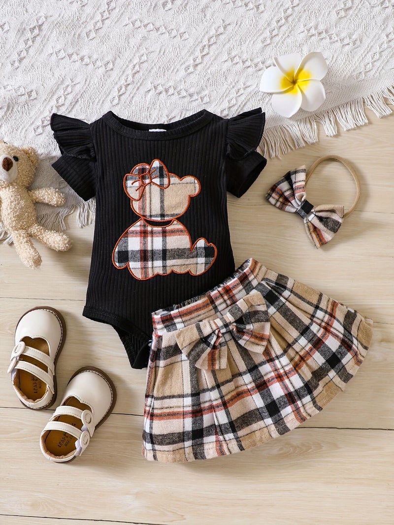 Cross-border INS newborn baby bag fart triangle khayi baby girl plaid skirt summer bear two-piece suit Black 