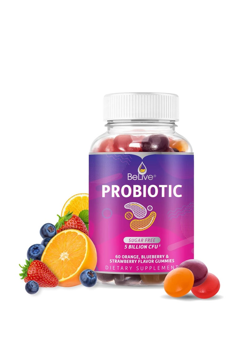 بيليف حلوى البروبيوتيك - بروبيوتيك بخمسة مليارات وحدة تشكيل مستعمرة لصحة الجهاز الهضمي، للرجال والنساء والأطفال - لدعم المناعة، خالية من السكر ونباتية | ٦٠ قطعة - توت أزرق، فراولة، وبرتقال - Image 1