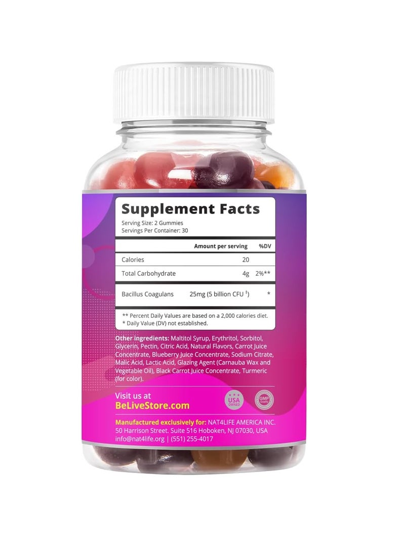 بيليف حلوى البروبيوتيك - بروبيوتيك بخمسة مليارات وحدة تشكيل مستعمرة لصحة الجهاز الهضمي، للرجال والنساء والأطفال - لدعم المناعة، خالية من السكر ونباتية | ٦٠ قطعة - توت أزرق، فراولة، وبرتقال - Image 2