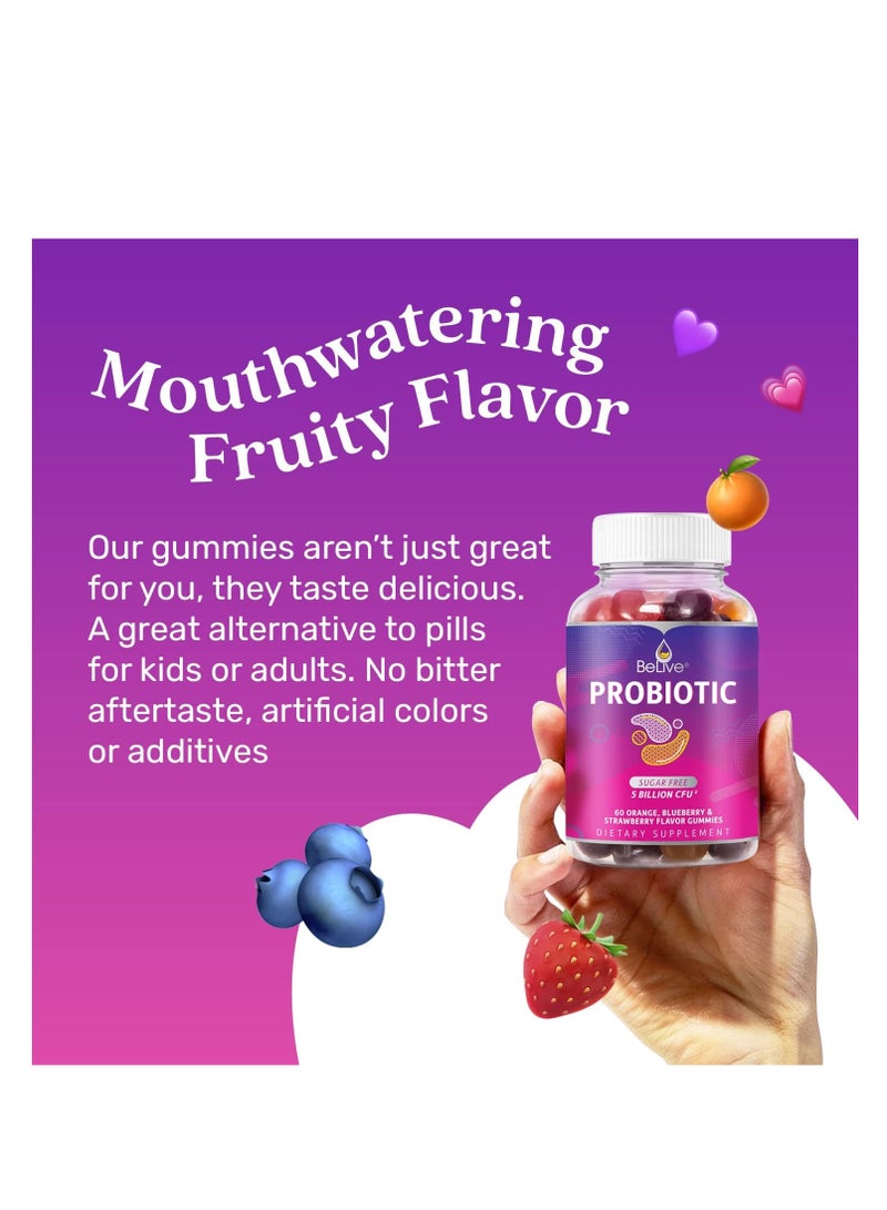 بيليف حلوى البروبيوتيك - بروبيوتيك بخمسة مليارات وحدة تشكيل مستعمرة لصحة الجهاز الهضمي، للرجال والنساء والأطفال - لدعم المناعة، خالية من السكر ونباتية | ٦٠ قطعة - توت أزرق، فراولة، وبرتقال - Image 5