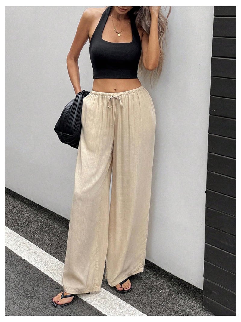 SHENHE Women's Summer Linen Low Rise Drawstring Wide Leg Beach Palazzo Pants Trousers Khaki Small - Image 5