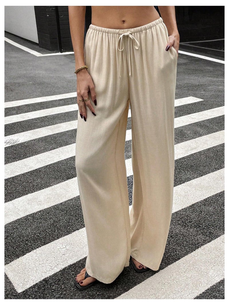 SHENHE Women's Summer Linen Low Rise Drawstring Wide Leg Beach Palazzo Pants Trousers Khaki Small - Image 3