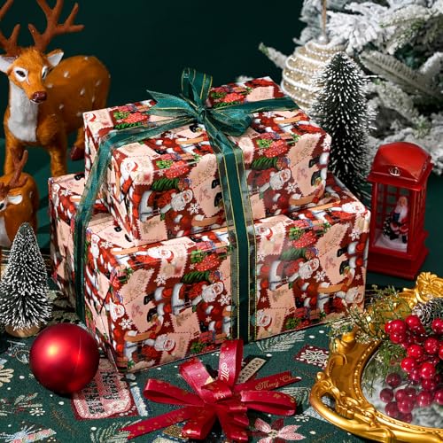 Ulmasinn Reversible Christmas Wrapping Paper Roll - 17" x33ft Double-Sided Designs with Santa and postcard & Plaid for Xmas Gift Wrap for Presents, Table Decor & Crafting - Image 4