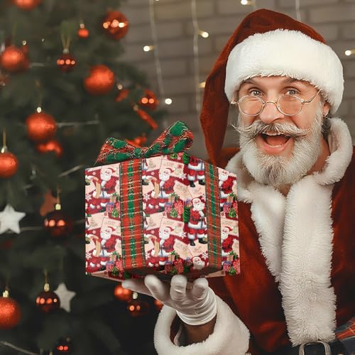 Ulmasinn Reversible Christmas Wrapping Paper Roll - 17" x33ft Double-Sided Designs with Santa and postcard & Plaid for Xmas Gift Wrap for Presents, Table Decor & Crafting - Image 2