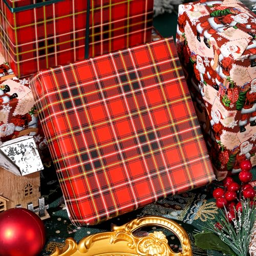Ulmasinn Reversible Christmas Wrapping Paper Roll - 17" x33ft Double-Sided Designs with Santa and postcard & Plaid for Xmas Gift Wrap for Presents, Table Decor & Crafting - Image 5