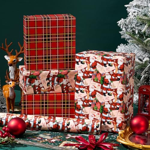 Ulmasinn Reversible Christmas Wrapping Paper Roll - 17" x33ft Double-Sided Designs with Santa and postcard & Plaid for Xmas Gift Wrap for Presents, Table Decor & Crafting - Image 3