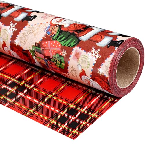 Ulmasinn Reversible Christmas Wrapping Paper Roll - 17" x33ft Double-Sided Designs with Santa and postcard & Plaid for Xmas Gift Wrap for Presents, Table Decor & Crafting - Image 1