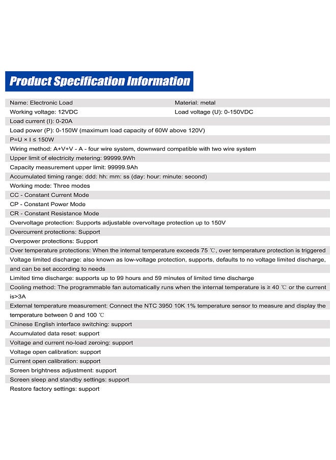 Generic 2.4inch Color Screen Multifunction Electronic Load Support Constant Current/Power/Resistance Mode with Data Calibration Multiple Parameter Setting Function  - Image 3