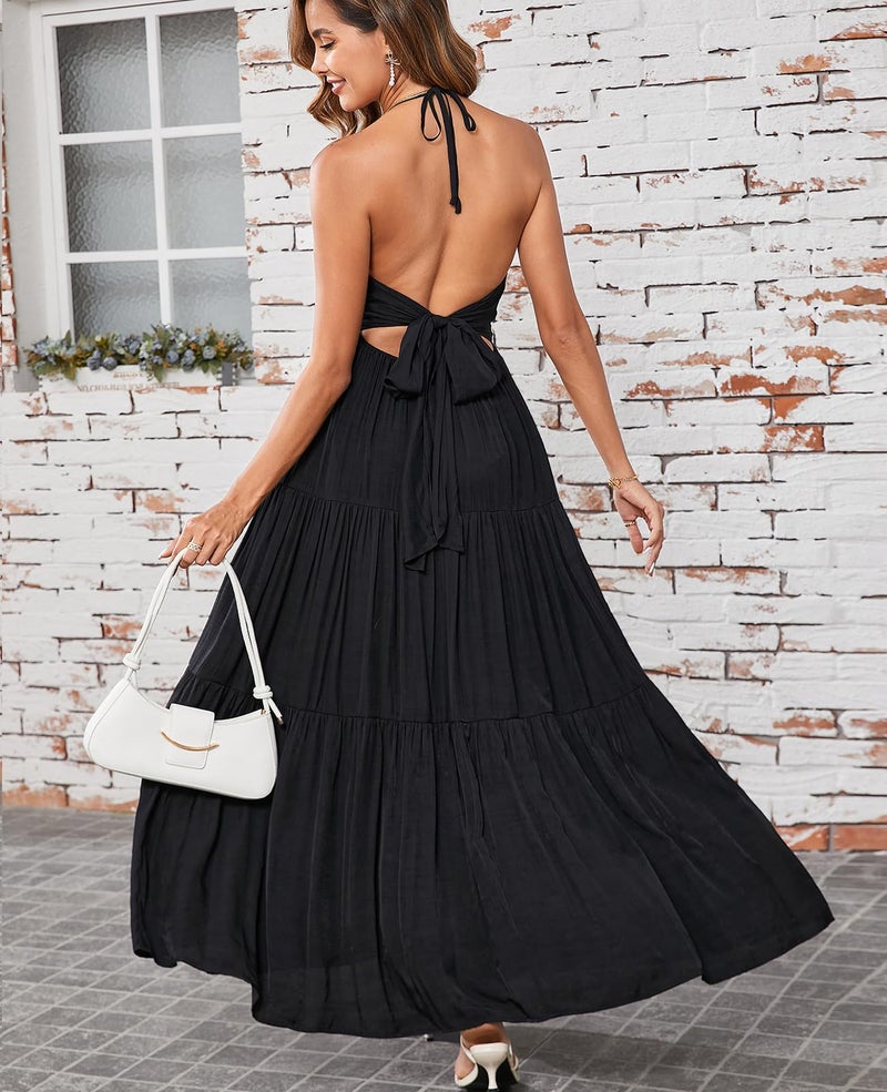 GLNEGE Summer Maxi Beach Dress Boho Halter V Neck Backless Bow Dresses Flowy Trendy Ruffle Sundress for Women 2026 Black - Image 5