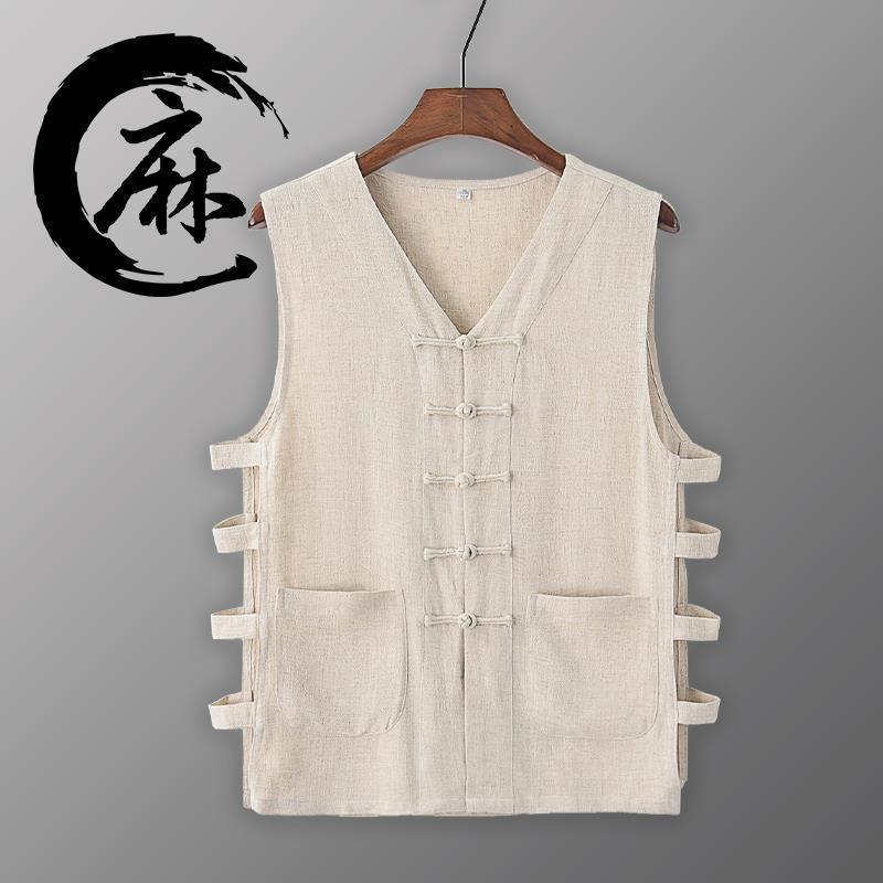 Old Man Vest Summer Casual Linen Vest Waistcoat Cotton and Linen Sweatshirt Mens Retro Buckle Chinese Style Magma Jacket Sleeveless Shirt White hemp - Image 2