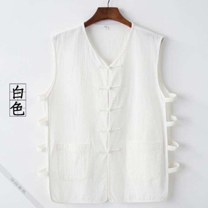 Old Man Vest Summer Casual Linen Vest Waistcoat Cotton and Linen Sweatshirt Mens Retro Buckle Chinese Style Magma Jacket Sleeveless Shirt White hemp - Image 1