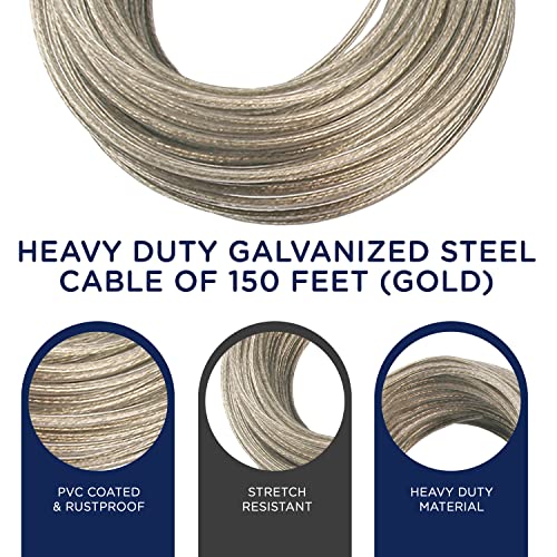 Strata Clothesline Outdoor Heavy Duty Kit - 150 Feet Galvanized Wire Gold PVC Coating, 6.5" Clothesline Pulley 2pcs, Metal Mini Winch Tightener 1pc, Plastic Spreader/Spacer 1pc & 2 Metal Hooks - Image 3