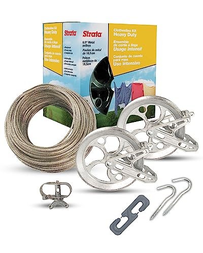 Strata Clothesline Outdoor Heavy Duty Kit - 150 Feet Galvanized Wire Gold PVC Coating, 6.5" Clothesline Pulley 2pcs, Metal Mini Winch Tightener 1pc, Plastic Spreader/Spacer 1pc & 2 Metal Hooks - Image 1