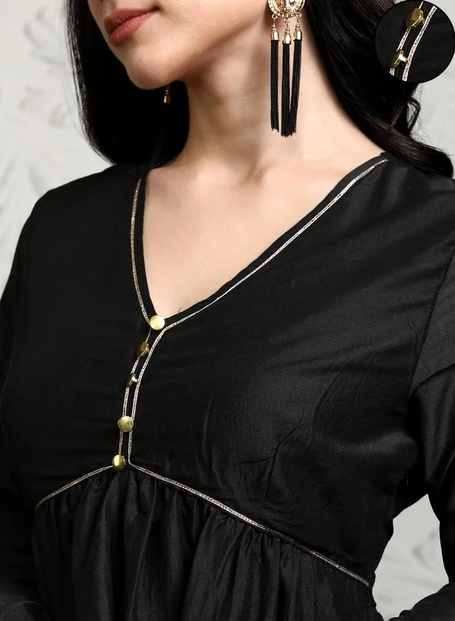 Vishudh Black Solid Polyester V-Neck Kurta for Festive Occasions by Styli