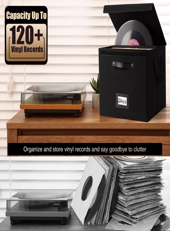Homward Vinyl Record Storage Box - 13 Inch Linen Fabric Case for LP Album Storage, Stackable & Collapsible Organizer Crate Cube Bins With Lid for 120+ Singles - Image 4