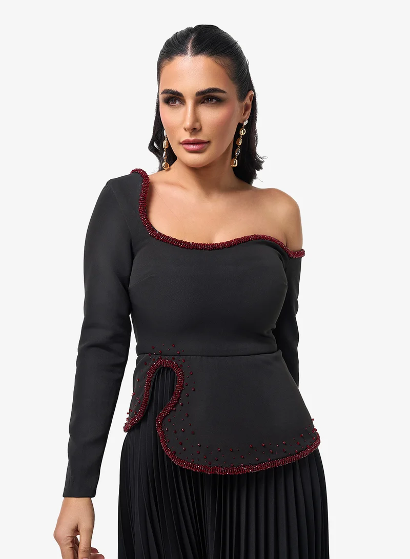 Threadz by Ajooni Embellished Pleated One Shoulder Midi Dress