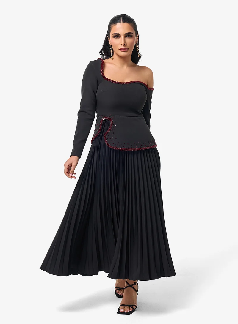 Threadz by Ajooni Embellished Pleated One Shoulder Midi Dress