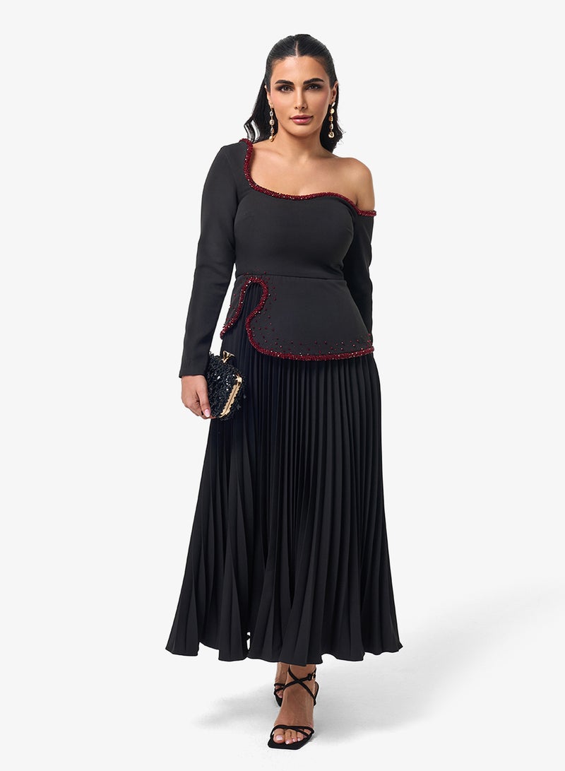 Threadz by Ajooni Embellished Pleated One Shoulder Midi Dress - Image 1