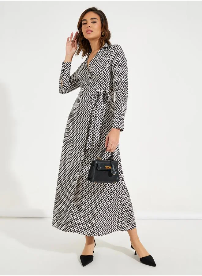 Styli All Over Print Wrap Maxi Dress with Tie-Waist