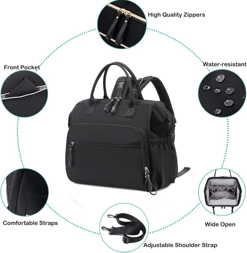 LORADI Convertible Diaper Bag Tote, Wide Open Top 14 Pockets Stylish Baby Diaper Bag with Stroller Buckle, Water-resistant (Black, Large) - Image 4
