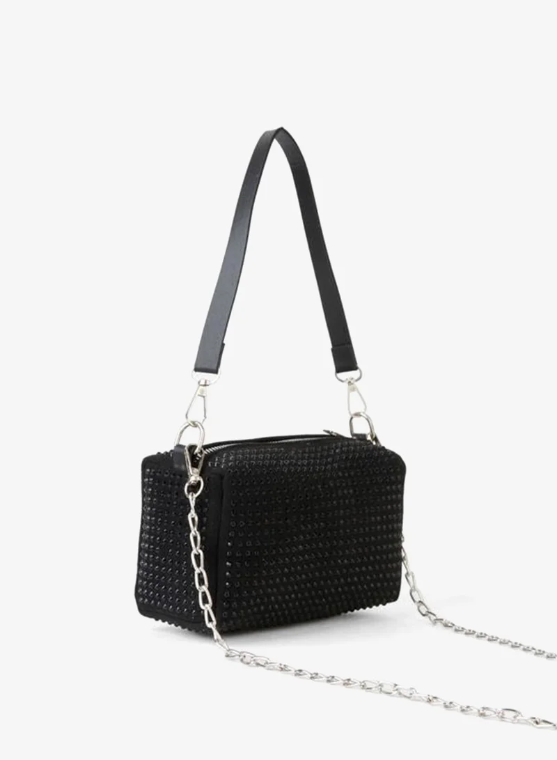 Women's Zerrin Black Stone Suede Rectangular Zipper Closure Mini Hand, Arm, and Shoulder Bag.