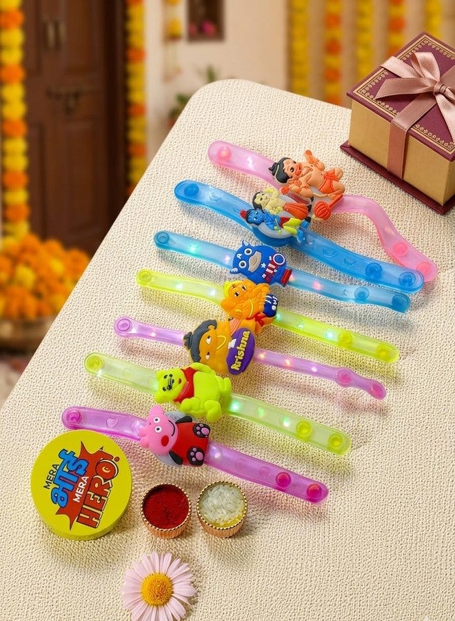 Sesonby 12-Pack Kids Cartoon Character LED Rakhi Set with Fridge Magnet, Watch Style Rakhi for Little Brother, Includes Roli Chawal, Raksha Bandhan Gift for Bhai (Assorted Colors) - Image 2