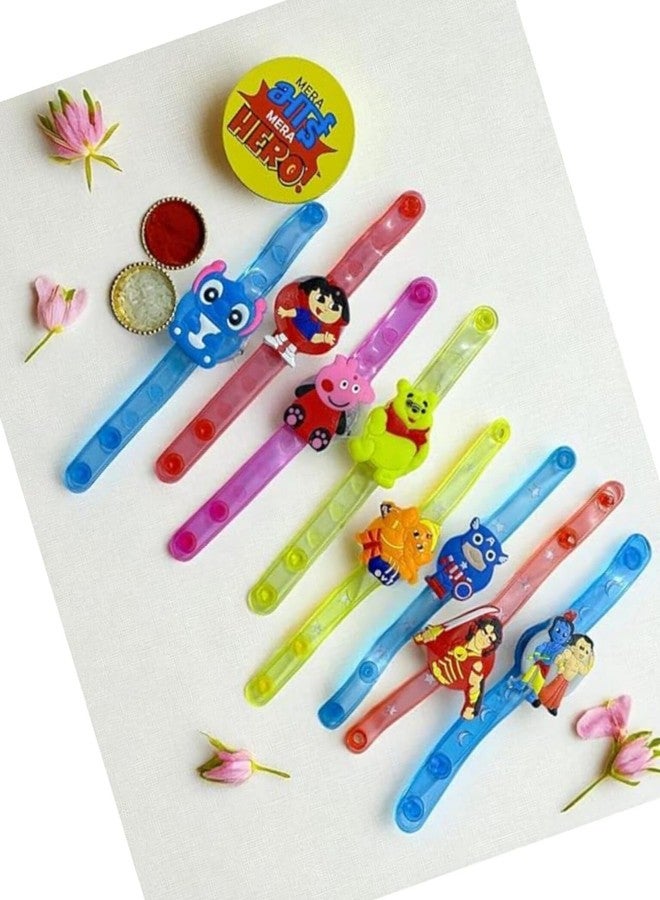 Sesonby 12-Pack Kids Cartoon Character LED Rakhi Set with Fridge Magnet, Watch Style Rakhi for Little Brother, Includes Roli Chawal, Raksha Bandhan Gift for Bhai (Assorted Colors) - Image 1
