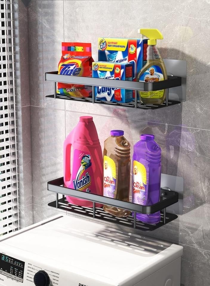 Bathroom Shelf, Set of 2, Shower Caddy, No-drilling Bathroom Organizer, Self-Adhesive Bathroom Shelves, Aluminum Metal Shower Racks, Wall Mounted Bathroom Rack (Black)