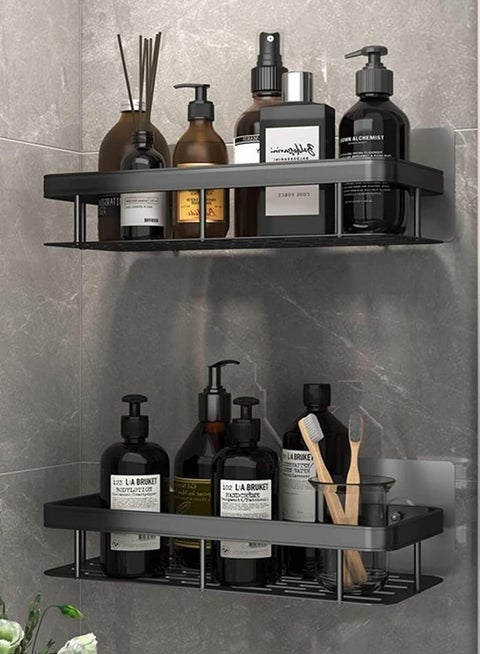 Bathroom Shelf, Set of 2, Shower Caddy, No-drilling Bathroom Organizer, Self-Adhesive Bathroom Shelves, Aluminum Metal Shower Racks, Wall Mounted Bathroom Rack (Black)