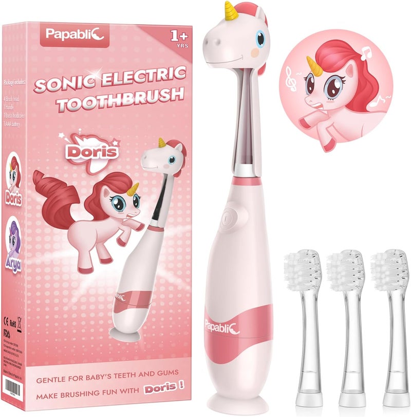 Papablic Toddler Sonic Electric Toothbrush Kids for Ages 1-3 Years, Baby Electric Toothbrush with Cute Unicorn Cover and Smart LED Timer, 4 Brush Heads (Doris) - Image 1
