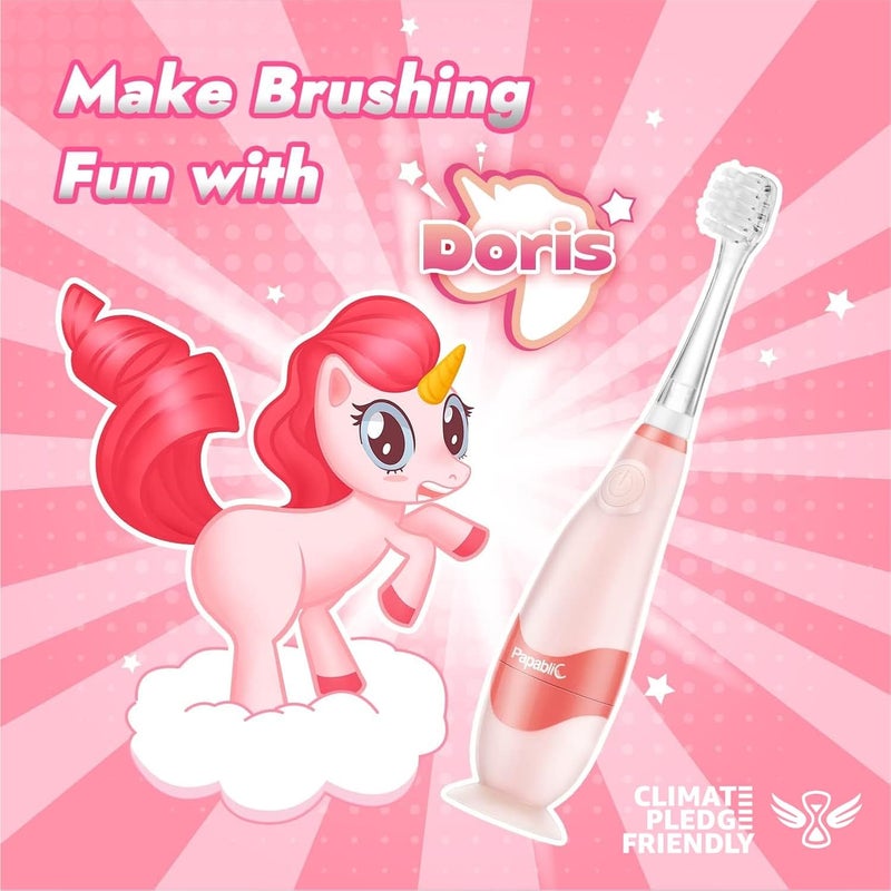 Papablic Toddler Sonic Electric Toothbrush Kids for Ages 1-3 Years, Baby Electric Toothbrush with Cute Unicorn Cover and Smart LED Timer, 4 Brush Heads (Doris) - Image 2