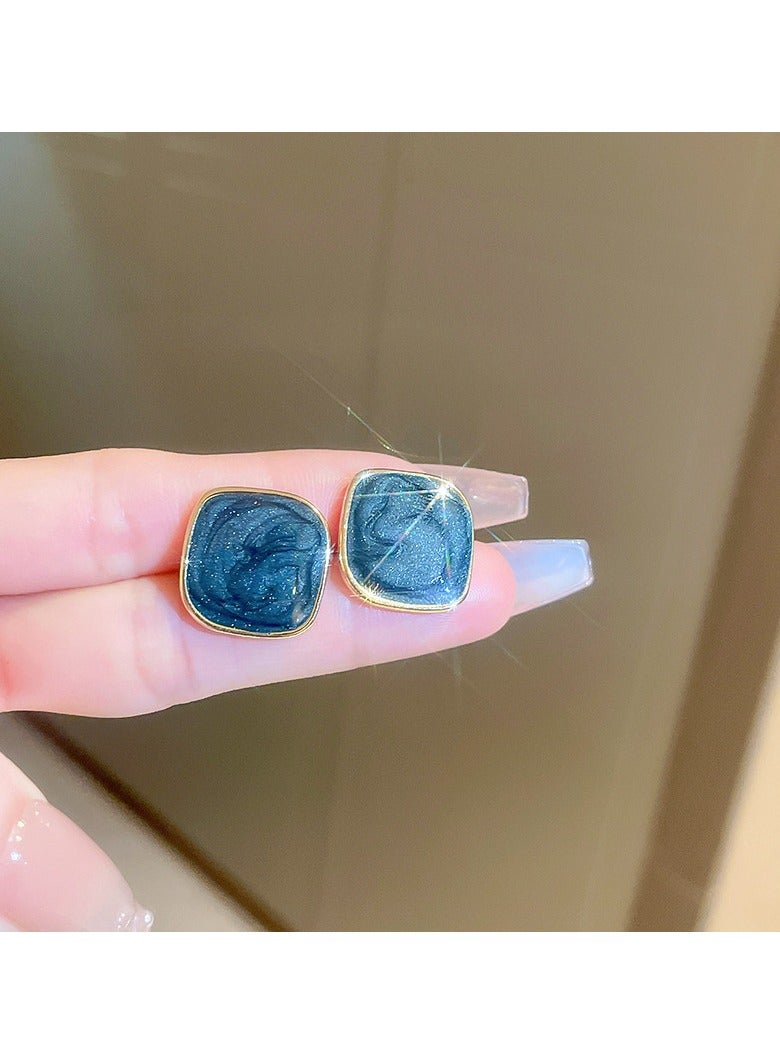 Blue Oil Painting Style Square Earrings 
