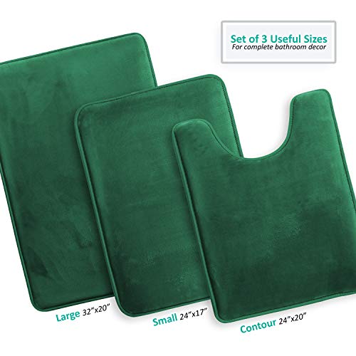 Clara Clark 3 Piece Bathroom Rugs Bath Mat Set, Velvet Memory Foam Bath Mats for Bathroom - Non-Slip, PVC Backing Bath Rugs, Washable - Dries Quickly, Green - Image 3