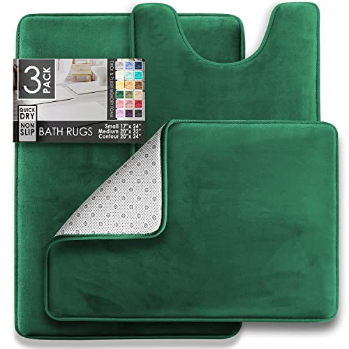 Clara Clark 3 Piece Bathroom Rugs Bath Mat Set, Velvet Memory Foam Bath Mats for Bathroom - Non-Slip, PVC Backing Bath Rugs, Washable - Dries Quickly, Green - Image 2