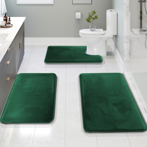 Clara Clark 3 Piece Bathroom Rugs Bath Mat Set, Velvet Memory Foam Bath Mats for Bathroom - Non-Slip, PVC Backing Bath Rugs, Washable - Dries Quickly, Green - Image 1