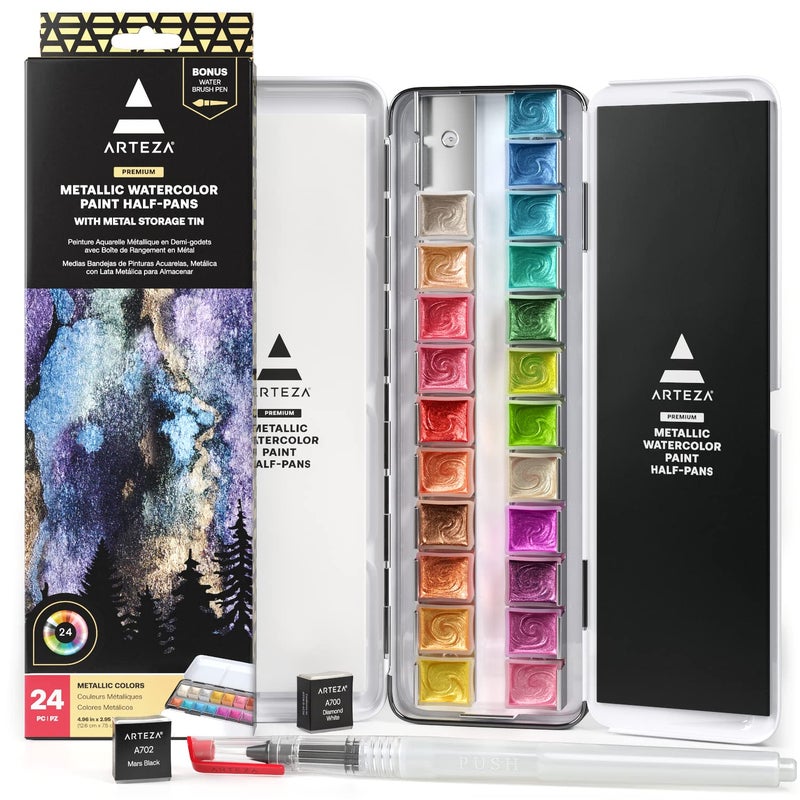 ARTEZA Metallic Watercolor Paint Set 24 Colors, Shimmering Watercolors in Half Pans with Water Brush Pen & Tin Box, Luminous, High-Pigment Paints for Paper & Mixed Media, Holiday Gift for Artists - Image 1