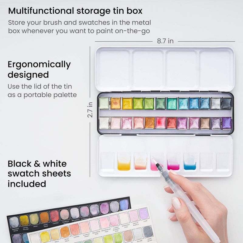 ARTEZA Metallic Watercolor Paint Set 24 Colors, Shimmering Watercolors in Half Pans with Water Brush Pen & Tin Box, Luminous, High-Pigment Paints for Paper & Mixed Media, Holiday Gift for Artists - Image 4