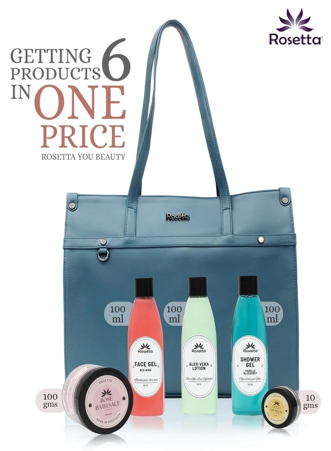 روزيتا مجموعة هدايا التجميل روزيتا 6 في 1 للنساء | حقيبة يد أنيقة باللون الأزرق الفولاذي مع جل للوجه، لوشن الصبار، جل استحمام، ملح استحمام ومرطب شفاه | مجموعة سبا فاخرة. - Image 2